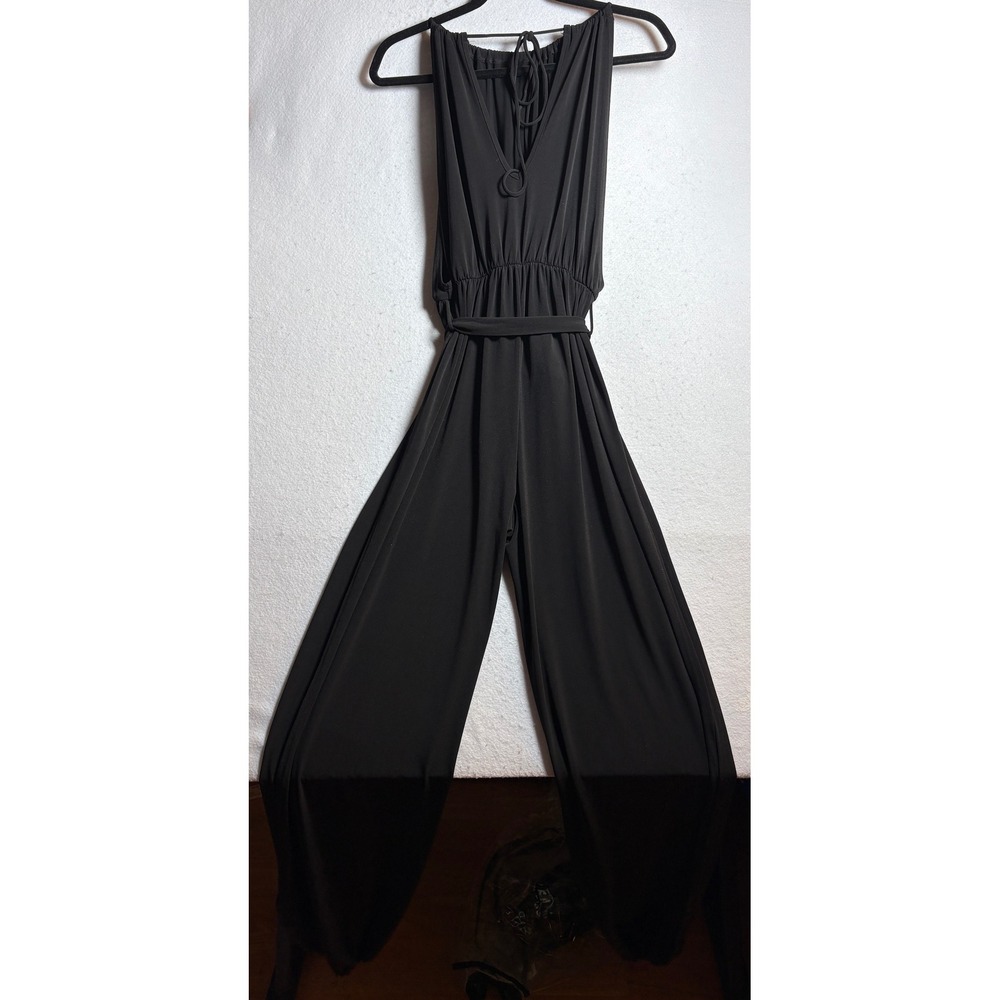 Zenana Black Halter Neck Jumpsuit Open Back High Slit Harem Leg Small - Picture 3 of 10
